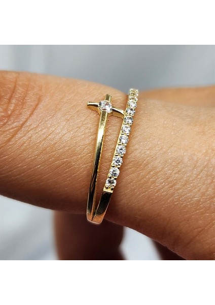 Altın Yüzük - 14 Ayar Altın Fantezi Zirkon Taşlı Minimal Yüzük - Yarım Tur Altın Yüzük fırsatları
