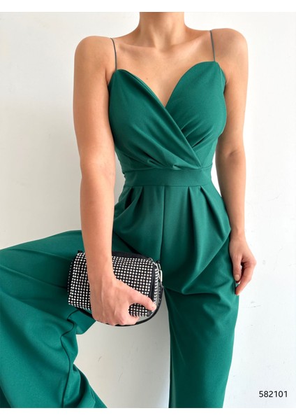 Ithal Krep Kumaş Askılı Geniş Paça Tulum Elbise (Renkli)