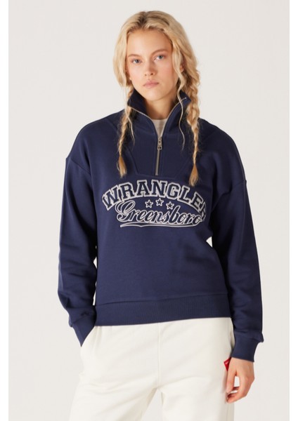 Relaxed Fit Geniş Kesim Dik Yaka Yarım Fermuarlı İçi Polarlı İndigo Sweatshirt