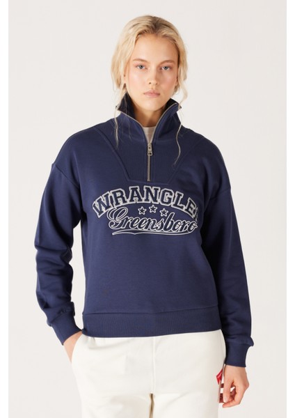 Relaxed Fit Geniş Kesim Dik Yaka Yarım Fermuarlı İçi Polarlı İndigo Sweatshirt