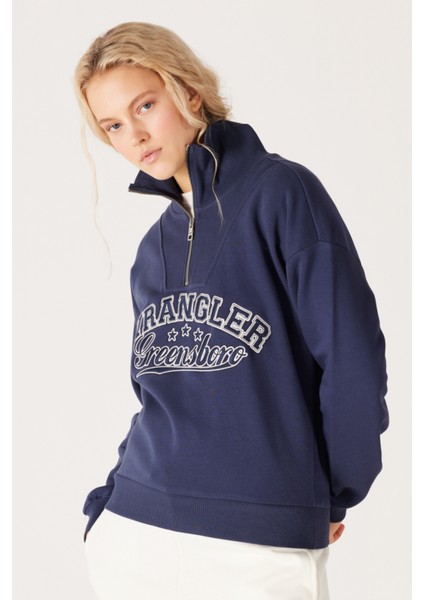 Relaxed Fit Geniş Kesim Dik Yaka Yarım Fermuarlı İçi Polarlı İndigo Sweatshirt