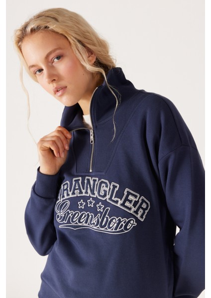 Relaxed Fit Geniş Kesim Dik Yaka Yarım Fermuarlı İçi Polarlı İndigo Sweatshirt