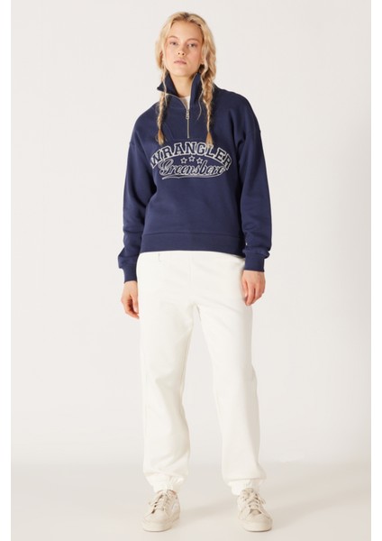 Relaxed Fit Geniş Kesim Dik Yaka Yarım Fermuarlı İçi Polarlı İndigo Sweatshirt