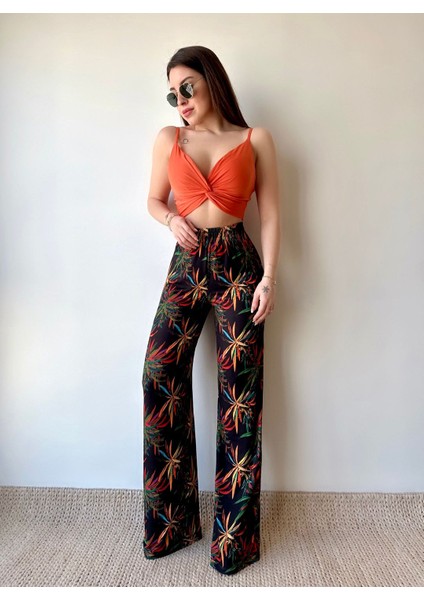 Kadın Mikro Kumaş Çapraz Büzgülü Crop Yüksek Bel Bol Paça Pantolon Takım (Renk Seçenekli) modelleri