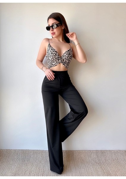 Kadın Mikro Kumaş Çapraz Büzgülü Crop Yüksek Bel Bol Paça Pantolon Takım (Renk Seçenekli)