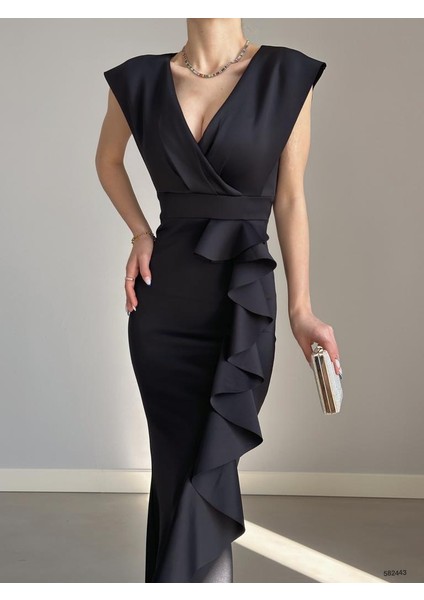 Kadın Scuba Dalgıç Kumaş Kruvaze Yaka Eteği Volanlı Abiye Elbise (Renkli) fiyatları