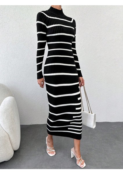 Kadın Çizgili Balıkçı Yaka Uzun Kol Triko Kalem Elbise (Renkli)
