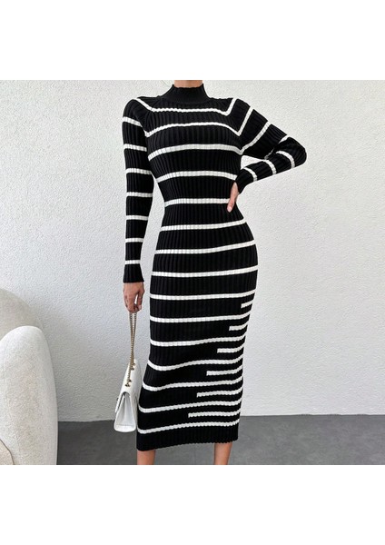 Kadın Çizgili Balıkçı Yaka Uzun Kol Triko Kalem Elbise (Renkli) fiyatları