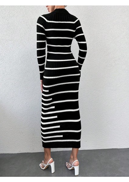 Kadın Çizgili Balıkçı Yaka Uzun Kol Triko Kalem Elbise (Renkli) modelleri