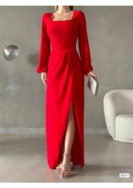 Kadın U Yaka Belden Yırtmaçlı Ithal Krep Kumaş Elbise (Renkli) fiyatları