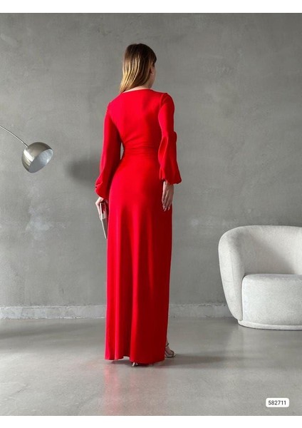 Kadın U Yaka Belden Yırtmaçlı Ithal Krep Kumaş Elbise (Renkli) indirimleri