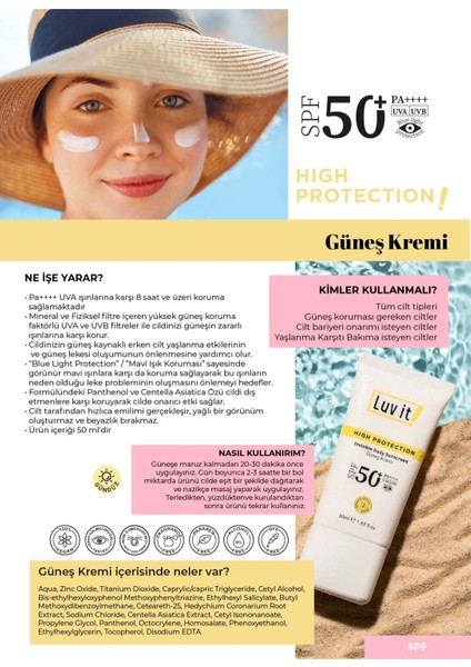 Luv it! SPF50+ Pa++++ Uva Uvb Yüksek Korumalı Leke Karşıtı Güneş Kremi 50 ml