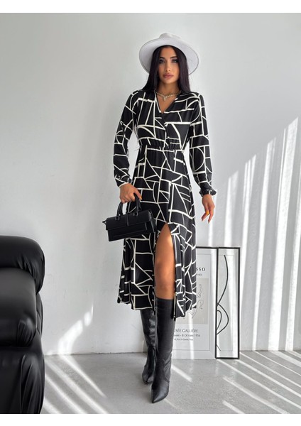 Kadın Kruvaze Yaka Desenli Likralı Süet Kumaş Yırtmaçlı Elbise (Renkli)