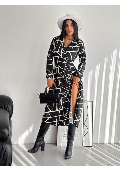 Kadın Kruvaze Yaka Desenli Likralı Süet Kumaş Yırtmaçlı Elbise (Renkli) fiyatları