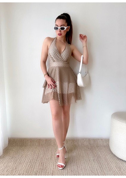 Kadın Halter Yaka Astarlı Mini Boy Tül Elbise (Renkli) fiyatları