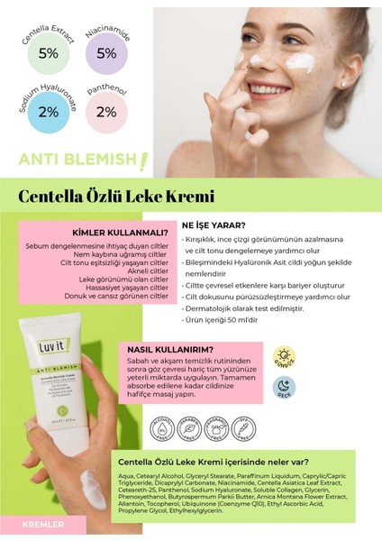 Luv it! Centella Özlü Leke Kremi (Centella Asiatica Leaf Extract + Niacinamide) 50 ml