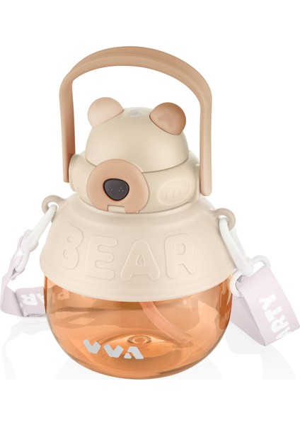 Tkk 1000ML Pipetli/pipetsiz Kullanıma Uygun Askı Kayışlı Bear Desen Tritan Su Matarası