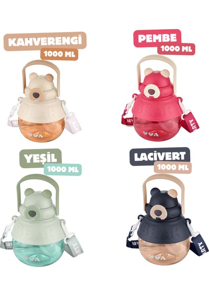 Tkk 1000ML Pipetli/pipetsiz Kullanıma Uygun Askı Kayışlı Bear Desen Tritan Su Matarası modelleri