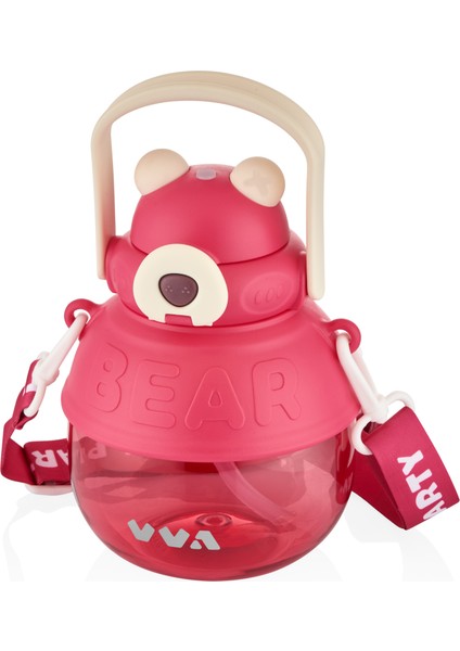 Tkk 1000ML Pipetli/pipetsiz Kullanıma Uygun Askı Kayışlı Bear Desen Tritan Su Matarası