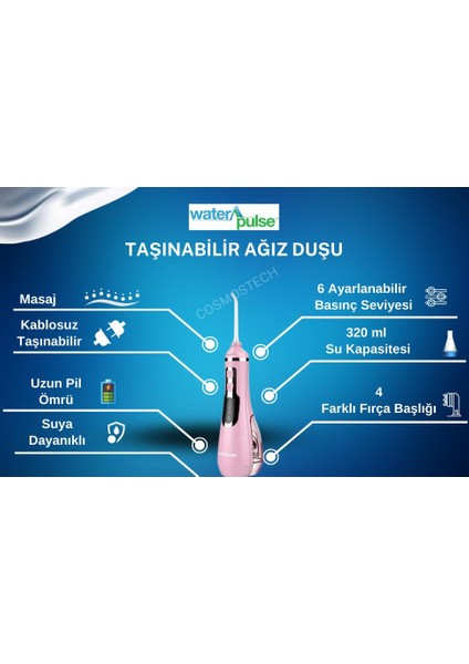 Water Flosser V500 Kablosuz Taşınabilir Ağız Duş Bakım Seti Pembe