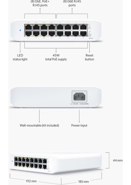 USW-Lite-16-PoE , 16 Port Gigabit , 8 Port Poe+  Güç ( 60W) , Yönetilebilir  , Plastiik Kasa , Switch