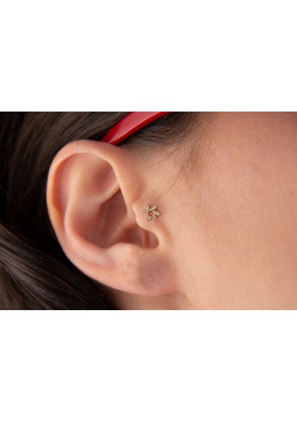 Çiçek Tragus Piercing Helix Kıkırdak 14 Ayar Altın