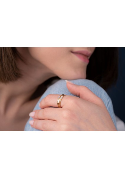 Üçlü Band Baget Taşlı Minimal Yüzük 14 Ayar Altın fiyatları