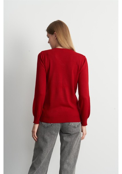 Kadın V Yaka Koyu Kırmızı Kazak fırsatları