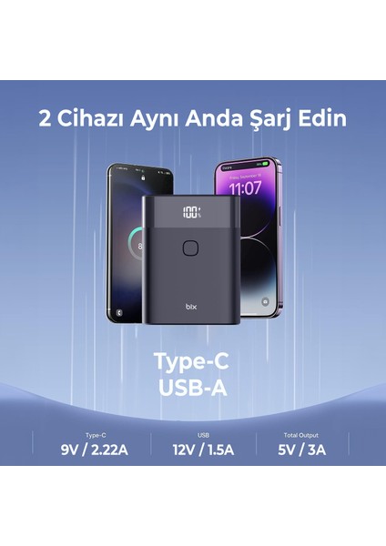 PB20W 10000MAH Type-C ve USB Çift Çıkışlı Dijital Ekranlı Mini Powerbank Siyah iPhone Samsung Huawei Uyumlu