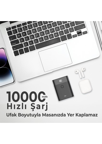 PB20W 10000MAH Type-C ve USB Çift Çıkışlı Dijital Ekranlı Mini Powerbank Siyah iPhone Samsung Huawei Uyumlu