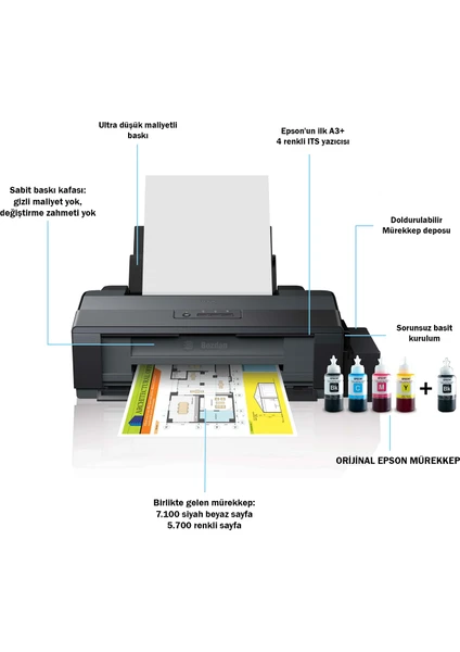 L1300 ITS Renkli A3+ Mürekkep Tanklı Yazıcı Orijinal Epson Mürekkep 4 x 70 ml + 1 Ekstra Siyah Mürekkep  C11CD81403