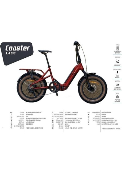 Coaster - 20 - Katlanır (Fat Bike) - 7 Vites - Elektrikli - Elektrik Kırmızı-Siyah