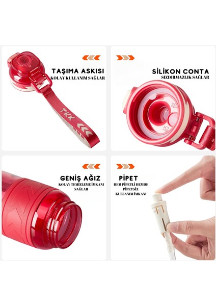 Tkk 1000ML Pipetli/pipetsiz Kullanıma Uygun Ölçü Skalalı Tritan Spor Matara