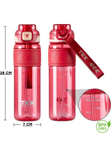 Tkk 1000ML Pipetli/pipetsiz Kullanıma Uygun Ölçü Skalalı Tritan Spor Matara