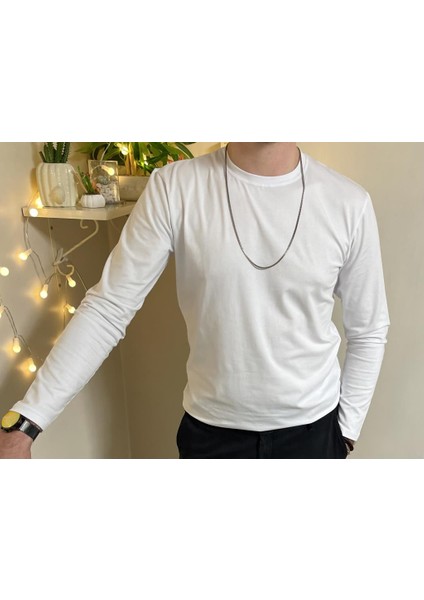 Erkek Slim Fit Dar Kesim Bisiklet Yaka Uzun Kol Pamuklu Tişört