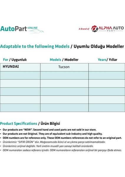 Alpha Auto Part Hyundai Tucson Için Sağ Kapı Kilit Dili Seti