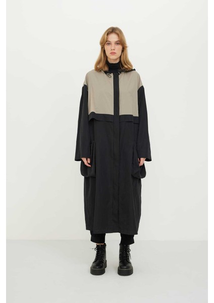 Kapüşonlu İki Renk Trençkot Siyah-Bej Siyah-Bej K2418001_217