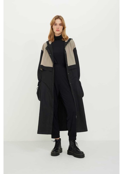 Kapüşonlu İki Renk Trençkot Siyah-Bej Siyah-Bej K2418001_217 modelleri