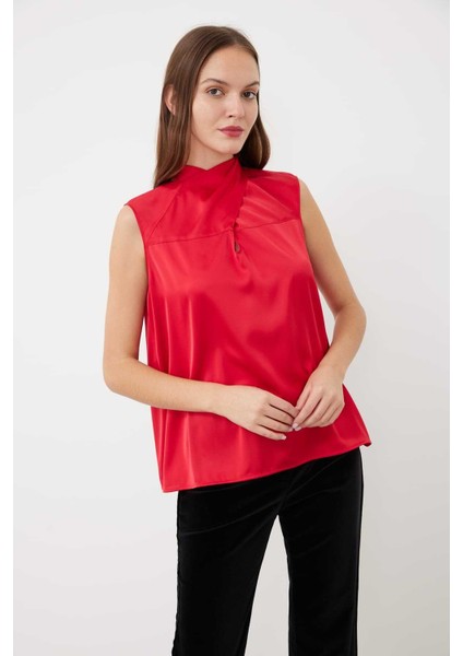 Yakası Fularlı Saten Bluz Kırmızı K2413037_006