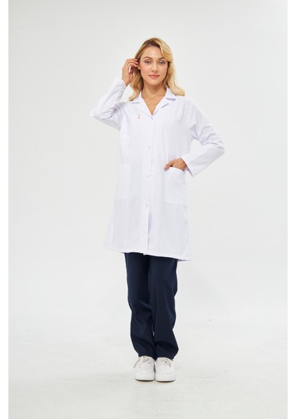 Gömlek Yaka Kadın Diz Üstü Boy - Uzun Kol Doktor Önlüğü , Öğretmen , Laboratuvar , Hastane Forması , Beyaz Önlük