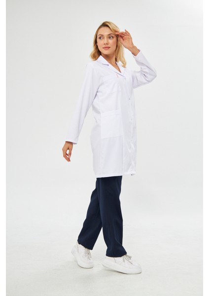 Gömlek Yaka Kadın Diz Üstü Boy - Uzun Kol Doktor Önlüğü , Öğretmen , Laboratuvar , Hastane Forması , Beyaz Önlük