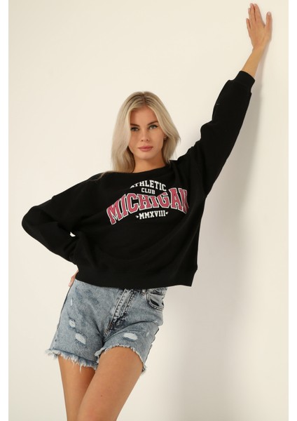 Owut Collection Siyah Bisiklet Yaka Baskılı Sweatshirt