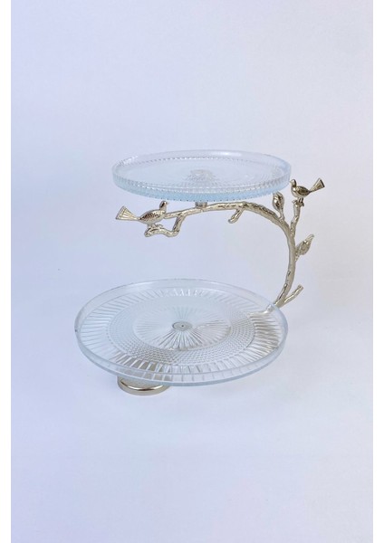 2 Katlı Cam ve Metal Kurabiyelik Sunumluk – 16 ve 21 cm Çaplı, 3 Parça Gümüş Renkli Servis Seti