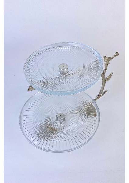 2 Katlı Cam ve Metal Kurabiyelik Sunumluk – 16 ve 21 cm Çaplı, 3 Parça Gümüş Renkli Servis Seti fiyatları