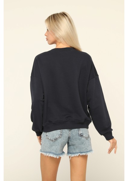 Lacivert Bisiklet Yaka Baskılı Sweatshırt modelleri