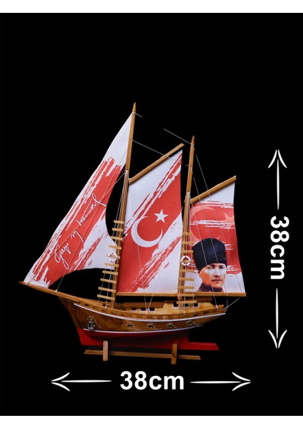 , Atatürk ve Türk Bayrağı Baskılı Bez Yelkenli, Ahşap Maket Gemi Modeli Hediye Kotra - Kişiselleştirilebilir El Yapımı Ev, Ofis Hediyesi ve Aksesuarı