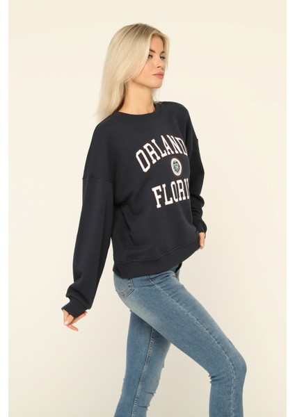 Owut Collection Lacivert Bisiklet Yaka Baskılı Sweatshirt