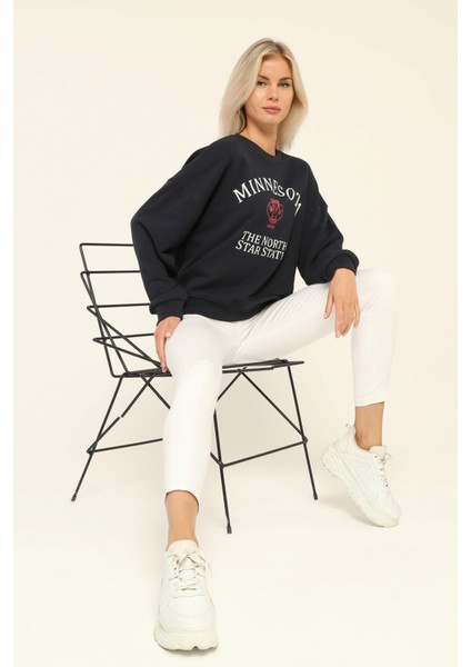 Lacivert Bisiklet Yaka Baskılı Sweatshirt