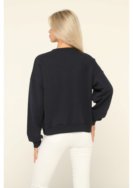Lacivert Bisiklet Yaka Baskılı Sweatshirt