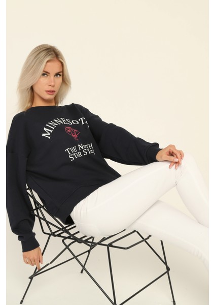 Lacivert Bisiklet Yaka Baskılı Sweatshirt